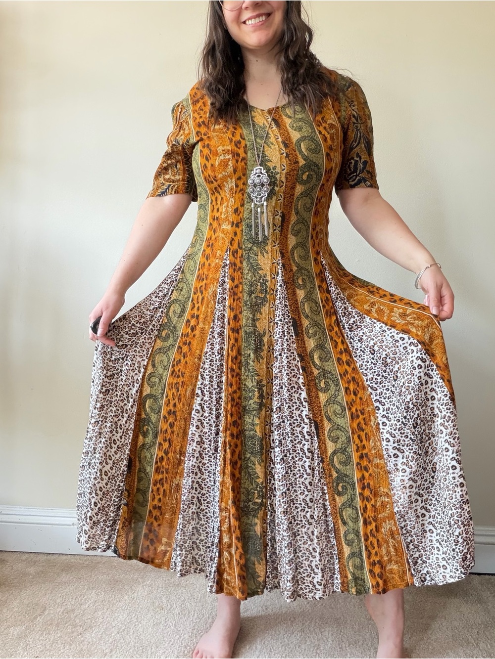 Vintage Boho Patchwork Maxi Dress in Mustard and Animal Print